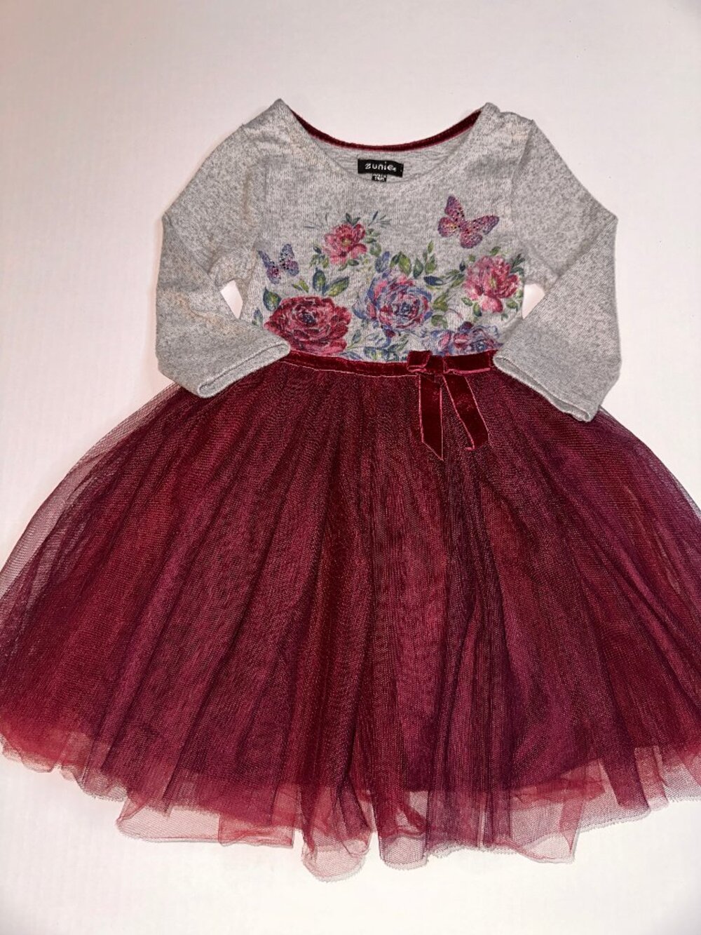 Zunie Girls Burgundy & Gray Butterfly Tulle Long Sleeve Fit & Flare Dress 4 #667